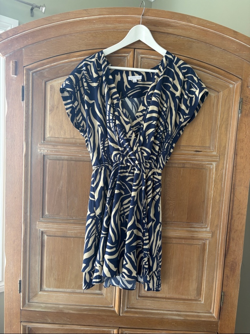 Socialite Navy and Cream Printed Short Wrap-Style Dress